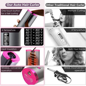 Automatic Curling Iron, Hofgleaq Cordless Hair Curler with LCD Display Adjustable Temperature
